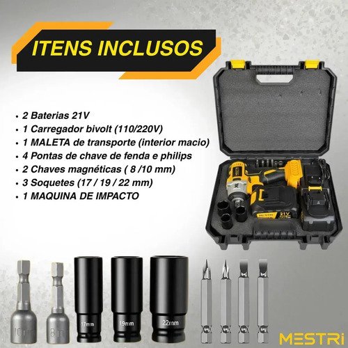 Chave De Impacto a Bateria Profissional Recarregável 88v 4ah Brushless Parafusadeira Furadeira Alta Potência Sem Escova 2 Baterias MESTRI M-88V