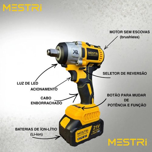 Chave De Impacto a Bateria Profissional Recarregável 88v 4ah Brushless Parafusadeira Furadeira Alta Potência Sem Escova 2 Baterias MESTRI M-88V