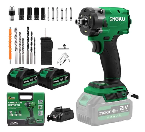 Chave de impacto brushless 21v 2 baterias 600nm 12 ryoku