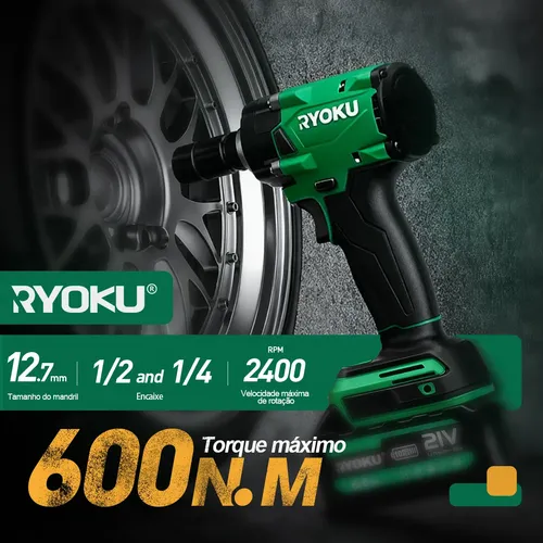 Chave De Impacto Brushless 21v 2 Baterias 600nm 1/2 Ryoku