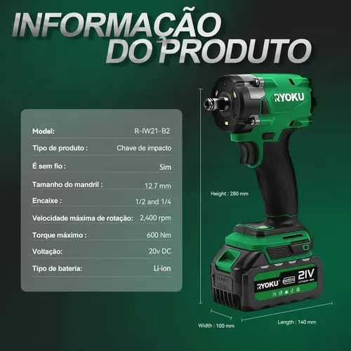 Chave De Impacto Brushless 21v 2 Baterias 600nm 1/2 Ryoku
