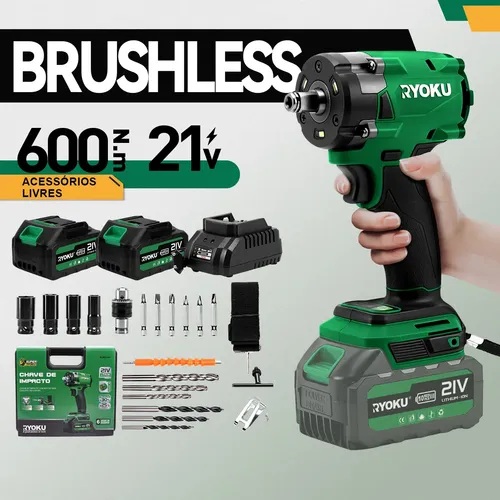Chave De Impacto Brushless 21v 2 Baterias 600nm 1/2 Ryoku
