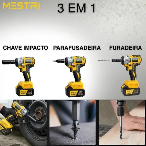 Chave De Impacto e Parafusadeira A Bateria 21v 4ah 3 em 1 Brushless Amarelo 50hz/60hz Sem Escova 2 Baterias Recarregável Bivolt MESTRI