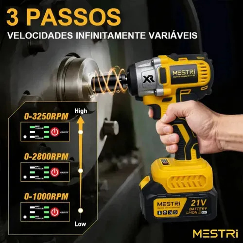Chave De Impacto e Parafusadeira A Bateria 21v 4ah 3 em 1 Brushless Amarelo 50hz/60hz Sem Escova 2 Baterias Recarregável Bivolt MESTRI