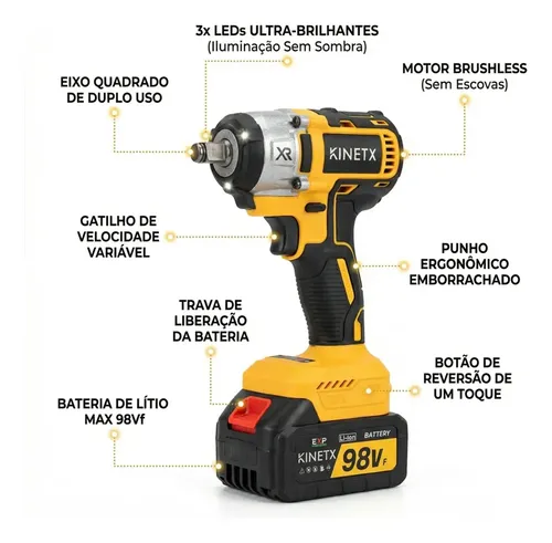 Chave De Impacto Kinetx Brushless 880nm 98v 2 Bat + Maleta