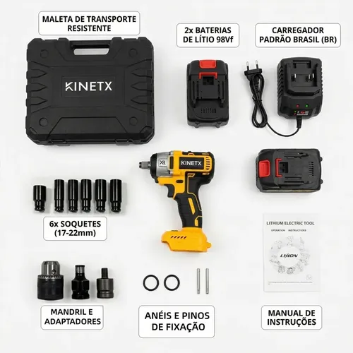 Chave De Impacto Kinetx Brushless 880nm 98v 2 Bat + Maleta