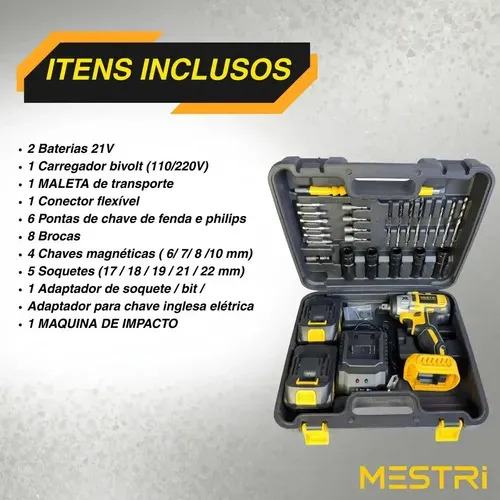 Chave de Impacto MESTRI M-21V Brushless a Bateria 21V de 4Ah com 2 Baterias e Maleta