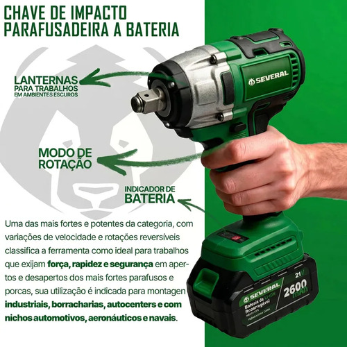 Chave De Impacto Parafusadeira Furadeira Recarregável 21v Several 2600mah Maleta Ferramentas Verde