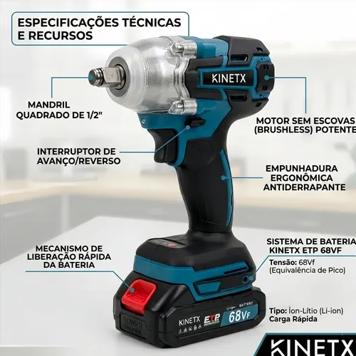 Chave Impacto Kinetx 880nm Brushless 21v+2 Bat Kit Completo