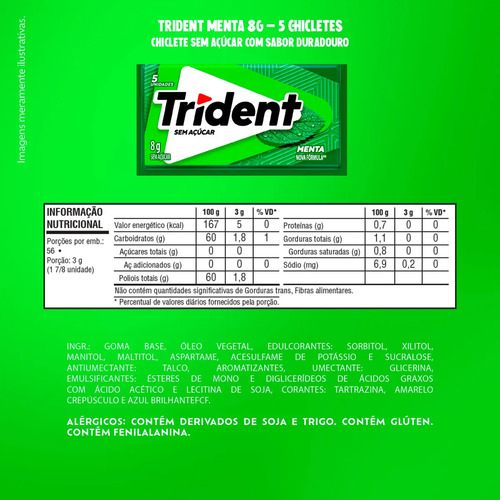 Chiclete Trident Menta Sem Açúcar - Caixa Com 21 Unid. De 8g