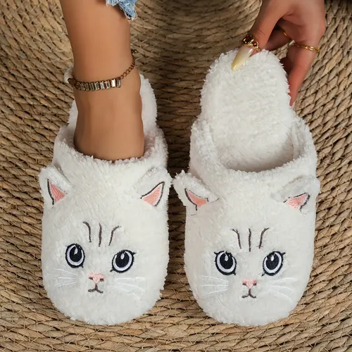 Chinelos De Pelúcia Kawaii Cat | Calçado Confortável Para Ca