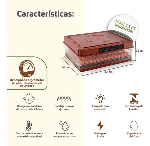 Chocadeira Incubadora 130 Ovos Bivolt Certificada Inmetro Automática Profissional Beltempo BT-400 Marrom