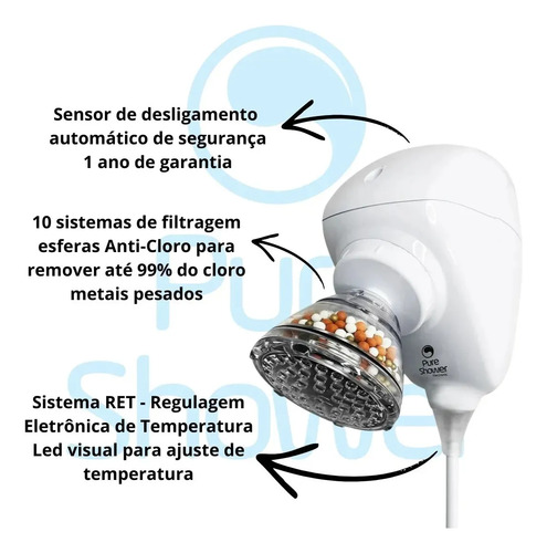 Chuveiro Elétrico 7500W Com Filtro Pure Shower Remoção De Flúor De Cloro De Metais Pesados Redox Anti-Age