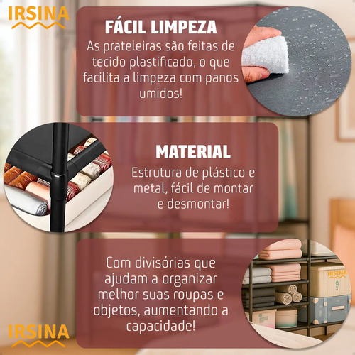 Closet Aberto IRSINA 2 Divisórias Preto com 6 Prateleiras Aço Inox