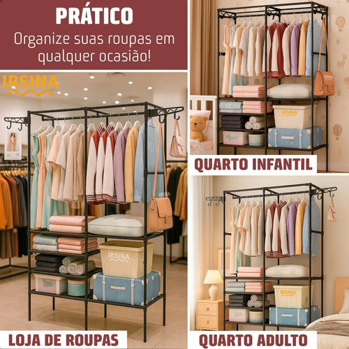 Closet Aberto IRSINA 2 Divisórias Preto com 6 Prateleiras Aço Inox