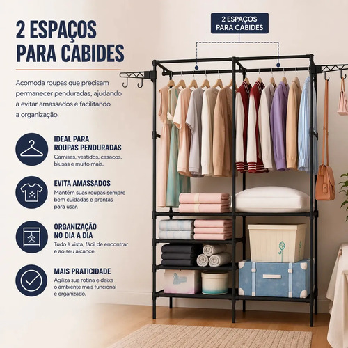 Closet Aberto IRSINA 2 Divisórias Preto com 6 Prateleiras Aço Inox