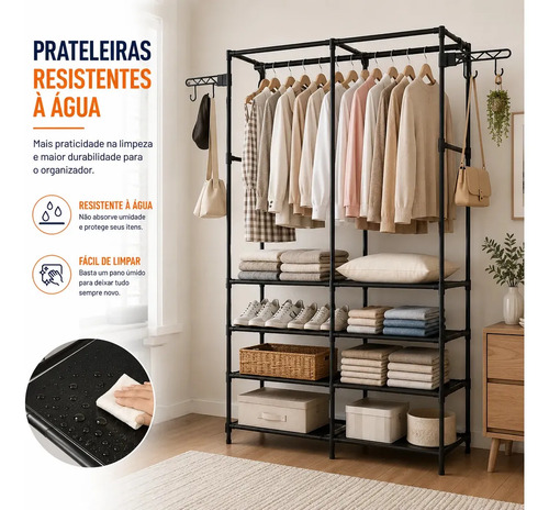 Closet Aberto IRSINA 2 Divisórias Preto com 6 Prateleiras Aço Inox