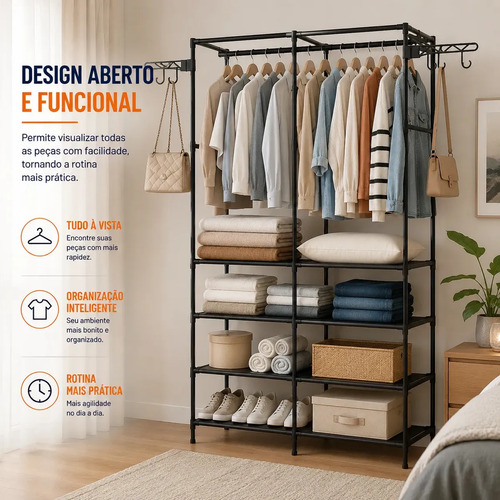 Closet Aberto IRSINA 2 Divisórias Preto com 6 Prateleiras Aço Inox