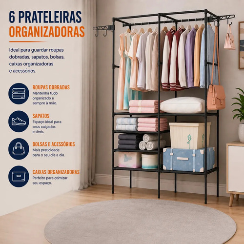 Closet Aberto IRSINA 2 Divisórias Preto com 6 Prateleiras Aço Inox