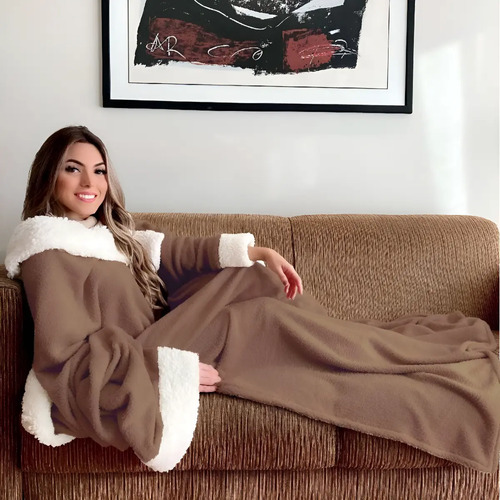 Cobertor com mangas com sherpa aconchego casa dona cor marro