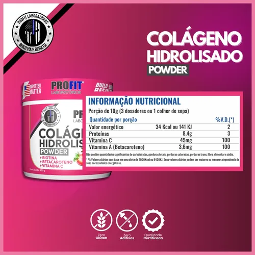 Colágeno Hidrolizado 300g Sabor Morango Suplemento Profit