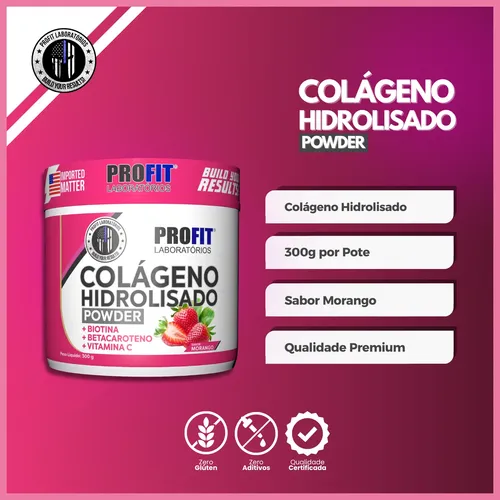 Colágeno Hidrolizado 300g Sabor Morango Suplemento Profit