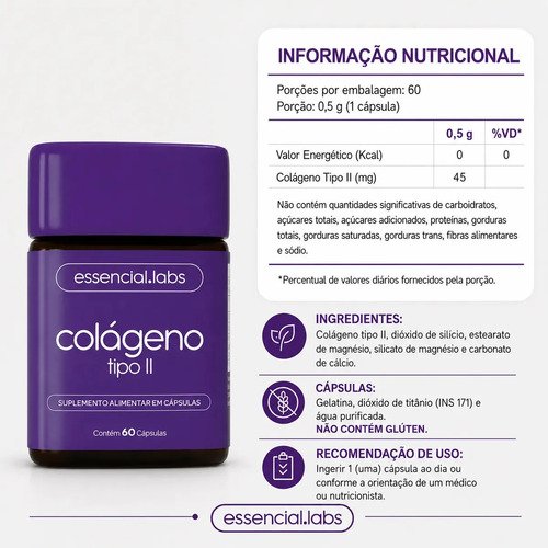 COLÁGENO TIPO 2 com 45mg - Fórmula Exclusiva para a Articulação com Máxima Concentração e Biodisponibilidade - 60 Cápsulas