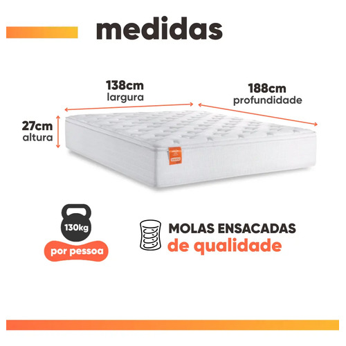 Colchão Casal CBP Inducol Molas Ensacadas Pillow Top 138x188x27cm Branco