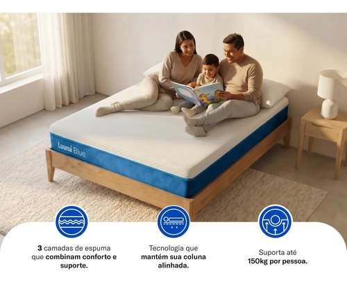 Colchão Casal Luuna Blue, Espuma 21 cm com Bloqueio de Movimento, 10 Anos de Garantia