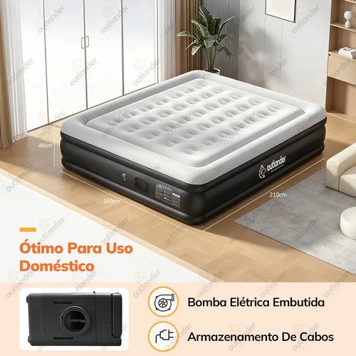 Colchão Inflável Casal Queen Bomba Elétrica 210x160x46cm Outlander Preto