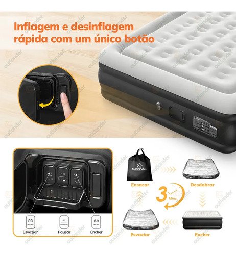 Colchão Inflável Casal Queen Bomba Elétrica 210x160x46cm Outlander Preto