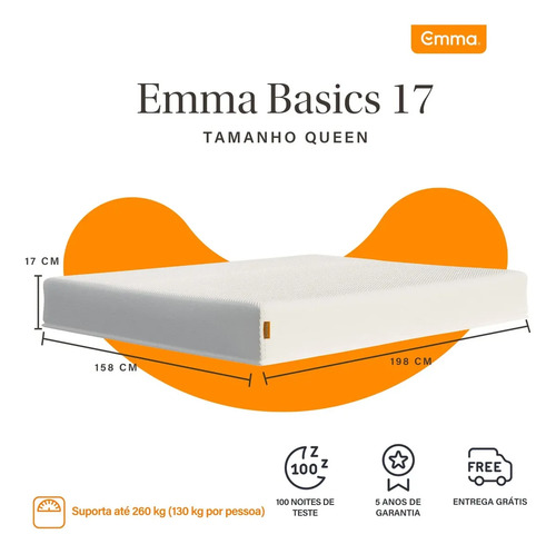 Colchão Queen Emma Basics 17 – 158x198cm - Espuma D28 17cm com Tecnologia Alemã, Embalado à Vácuo, Firmeza Ideal, Suporte Confortável