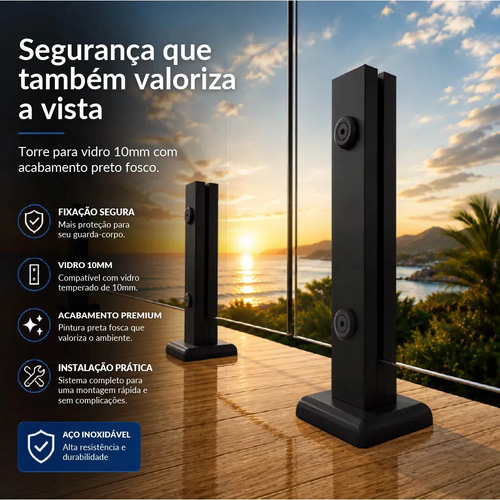 Coluna Torre Inox Preto Fosco 40cm 2 Furos Guarda Corpo Vidro Temperado