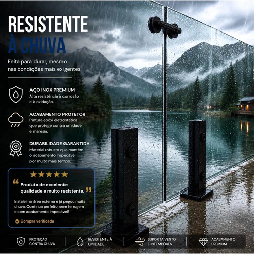 Coluna Torre Inox Preto Fosco 40cm 2 Furos Guarda Corpo Vidro Temperado