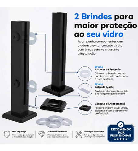 Coluna Torre Inox Preto Fosco 40cm 2 Furos Guarda Corpo Vidro Temperado