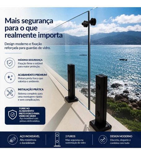 Coluna Torre Inox Preto Fosco 40cm 2 Furos Guarda Corpo Vidro Temperado