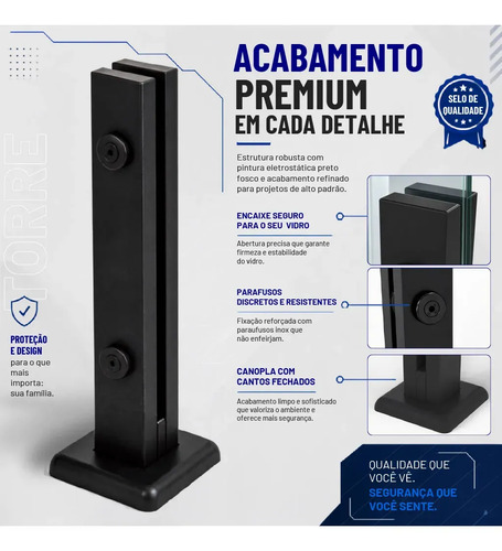 Coluna Torre Inox Preto Fosco 40cm 2 Furos Guarda Corpo Vidro Temperado