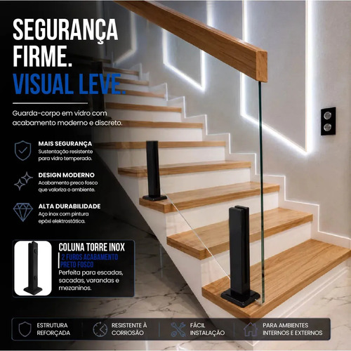 Coluna Torre Inox Preto Fosco 40cm 2 Furos Guarda Corpo Vidro Temperado