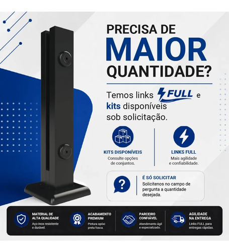 Coluna Torre Inox Preto Fosco 40cm 2 Furos Guarda Corpo Vidro Temperado