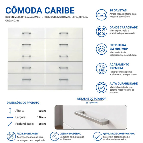 Cômoda 10 Gavetas Quarto Casal Toronto Organizadora Roupas Cor Branco - Blue Moby