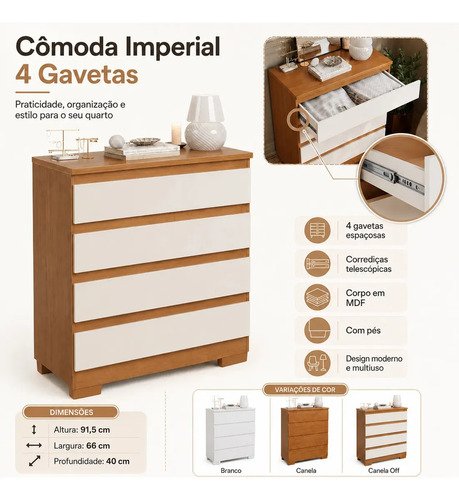 Cômoda 4 Gavetas Multiuso Para Quarto De Casal Organizadora De Roupas Com Pés Corrediças Telescópica Cor Off Nature
