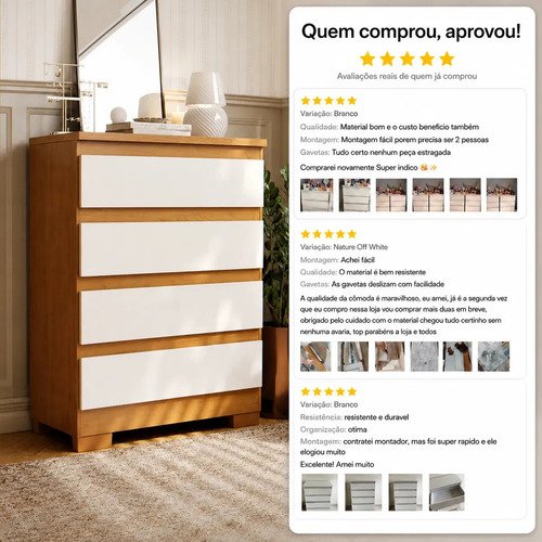 Cômoda 4 Gavetas Multiuso Para Quarto De Casal Organizadora De Roupas Com Pés Corrediças Telescópica Cor Off Nature