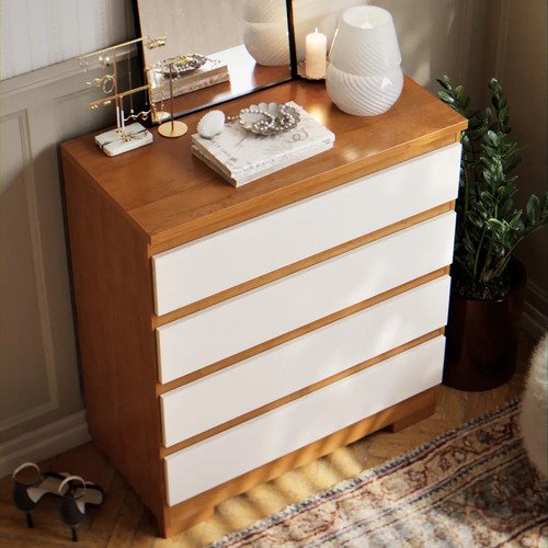 Cômoda 4 Gavetas Multiuso Para Quarto De Casal Organizadora De Roupas Com Pés Corrediças Telescópica Cor Off Nature