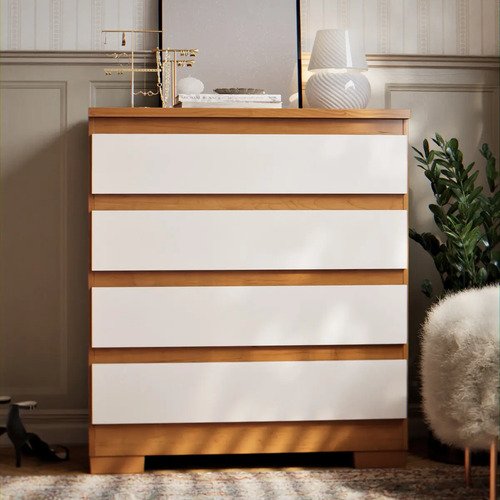 Cômoda 4 Gavetas Multiuso Para Quarto De Casal Organizadora De Roupas Com Pés Corrediças Telescópica Cor Off Nature