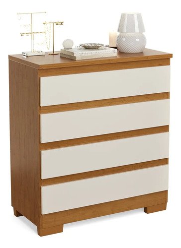 Cômoda 4 Gavetas Multiuso Para Quarto De Casal Organizadora De Roupas Com Pés Corrediças Telescópica Cor Off Nature