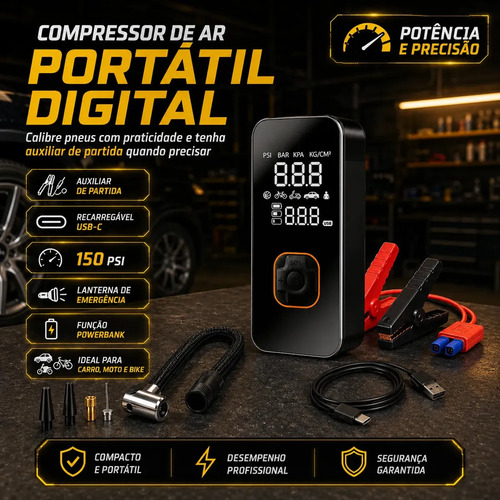 Compressor ar portatil bateria conector veicular bivolt 150