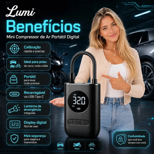 Compressor De Ar Digital Mini Portátil Recarregável Usb-c Para Pneus De Bicicleta Moto Carro Bolas Infláveis Preto