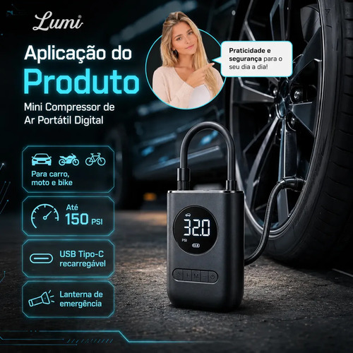 Compressor De Ar Digital Mini Portátil Recarregável Usb-c Para Pneus De Bicicleta Moto Carro Bolas Infláveis Preto