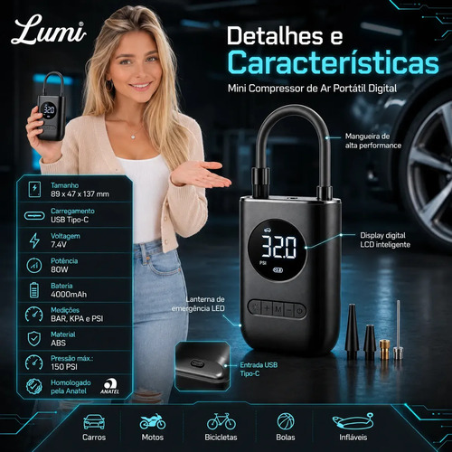 Compressor De Ar Digital Mini Portátil Recarregável Usb-c Para Pneus De Bicicleta Moto Carro Bolas Infláveis Preto