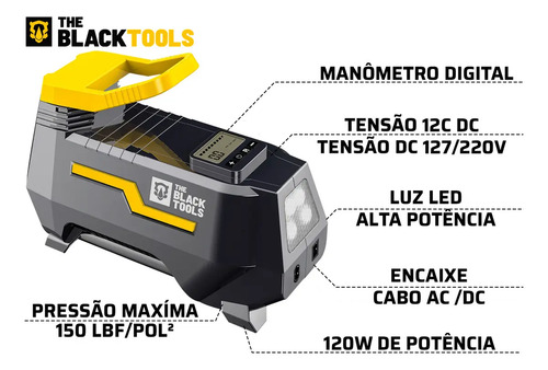 Compressor De Ar Elétrico Portátil 120w Encher Pneu Carro Moto Bicicleta Tcm100 The Black Tools